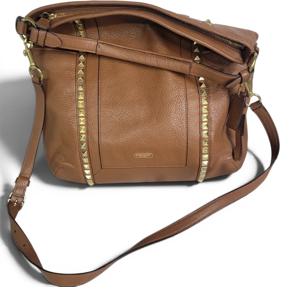 Coach Studded Pebbled Leather Shoulder Bag Saddle Brown Gold Hardware Crossbody
